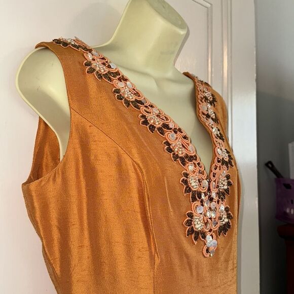 Vintage 60s orange sleeveless  pearl & sequined V neckline short dressy dress - Picture 6 of 8